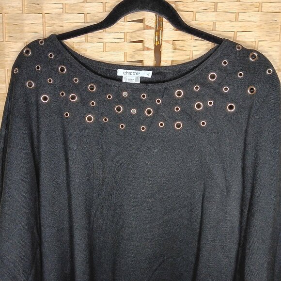 Chico's Grommet Scoop Neck Long Sleeve Sweater Rayon Blend Relaxed Batwing L 12 - Picture 3 of 12